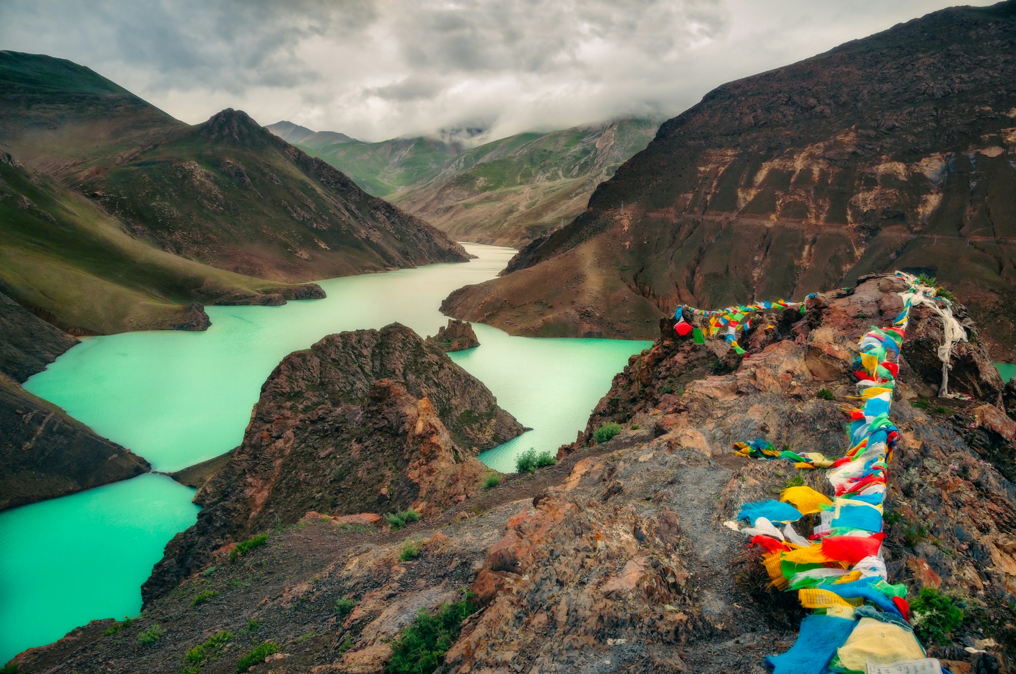 Landscape view of mountains, canyon and turquoise lake, Tibet